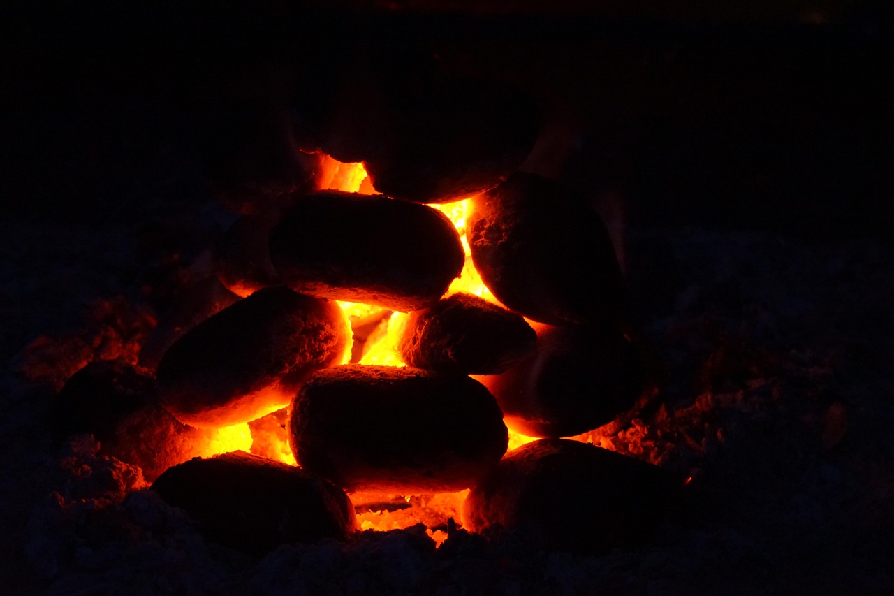 money, charcoal, glow, burn, briquettes, grill briquettes, fire, flame, embers, black, orange, yellow, hot, heat, grilling